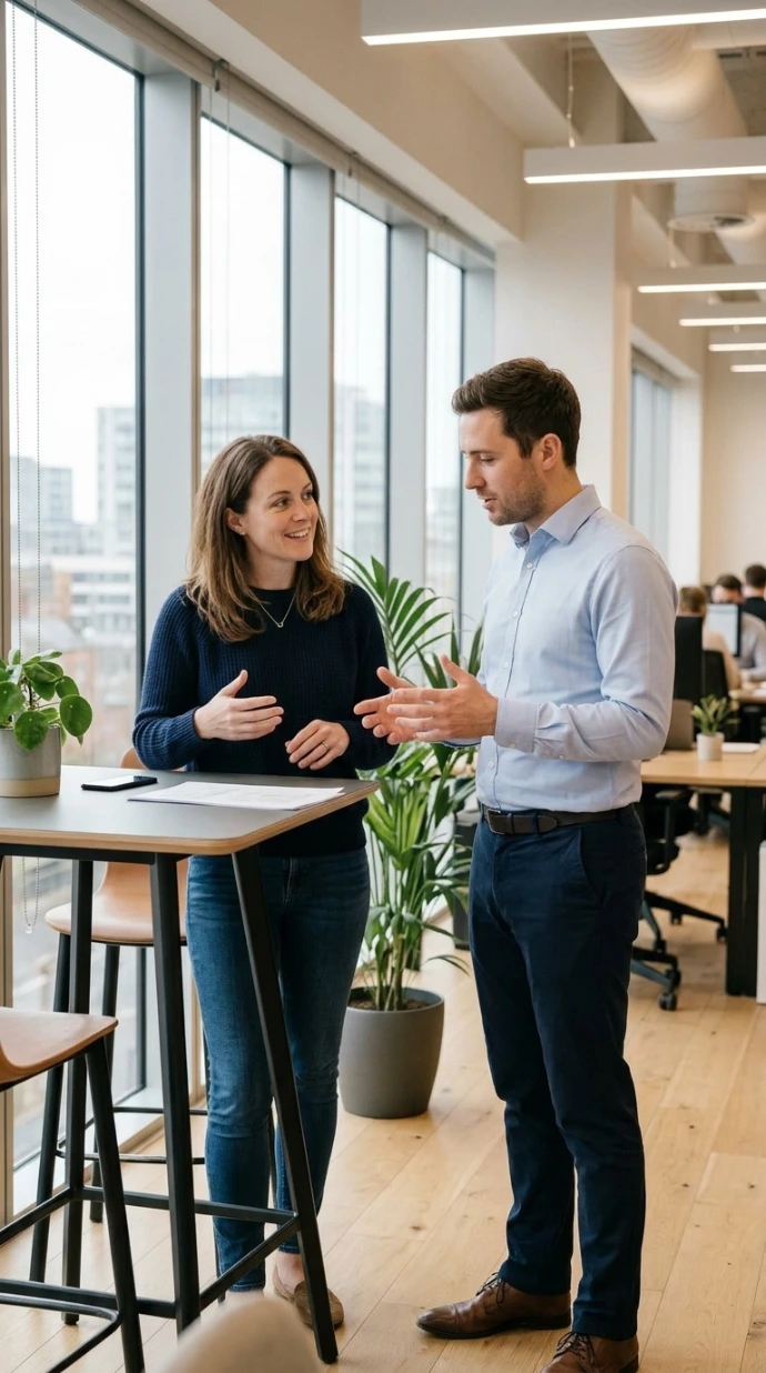 AI Generated Entrepreneurs discutant dans un open space