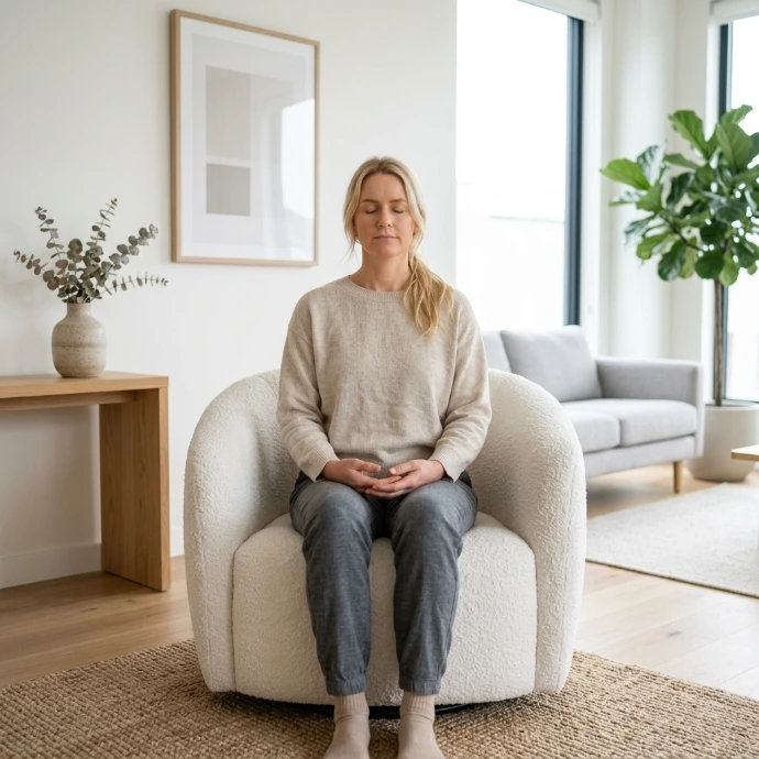 AI Generated Femme blonde méditant dans un fauteuil blanc - Carré